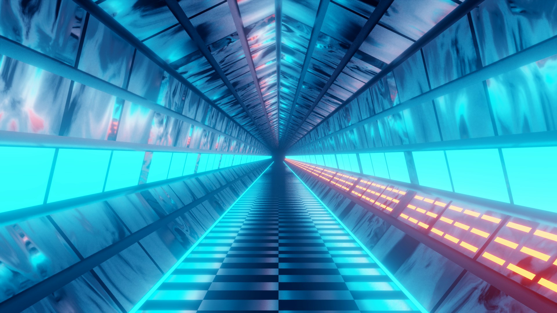 An illuminated architectural passage converging toward the horizon